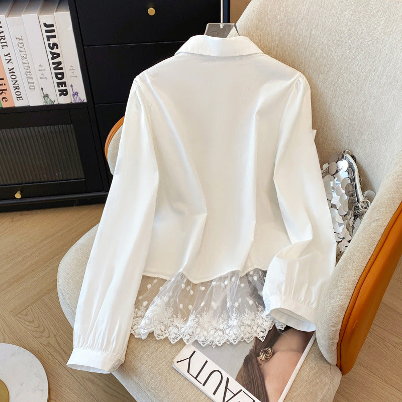 Spring Sweet Refined Handmade Lace Stitching Shirt For Women Bandage Dress All-matching