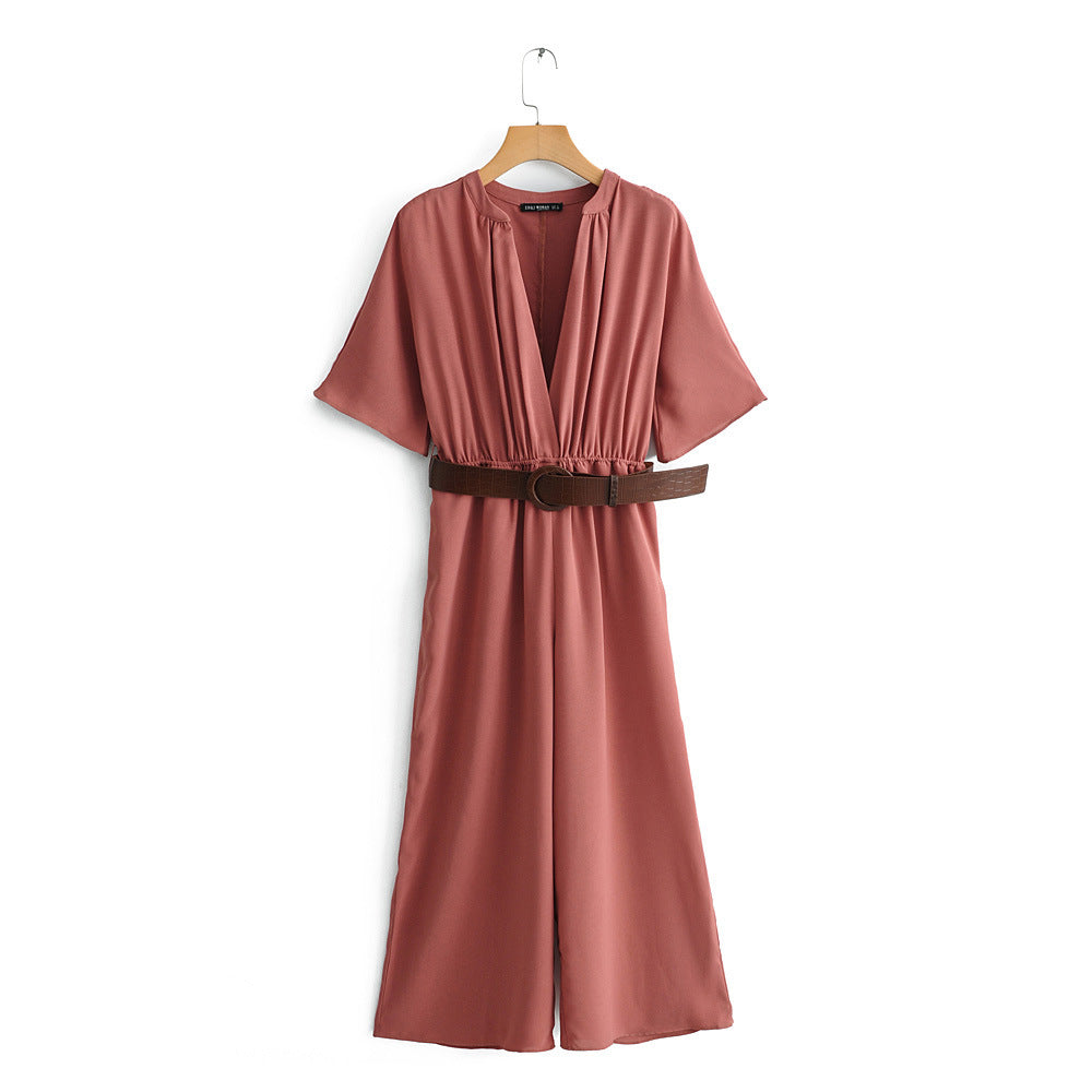 Women's Stand Collar Short Sleeve with Belt Jumpsuit