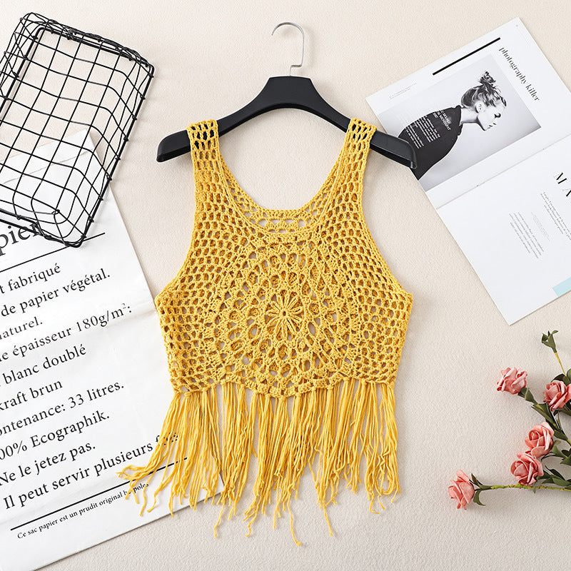 Retro Blouse Bohemian Hollow Knitted Short Ethnic Style Tassel Suspender Vest