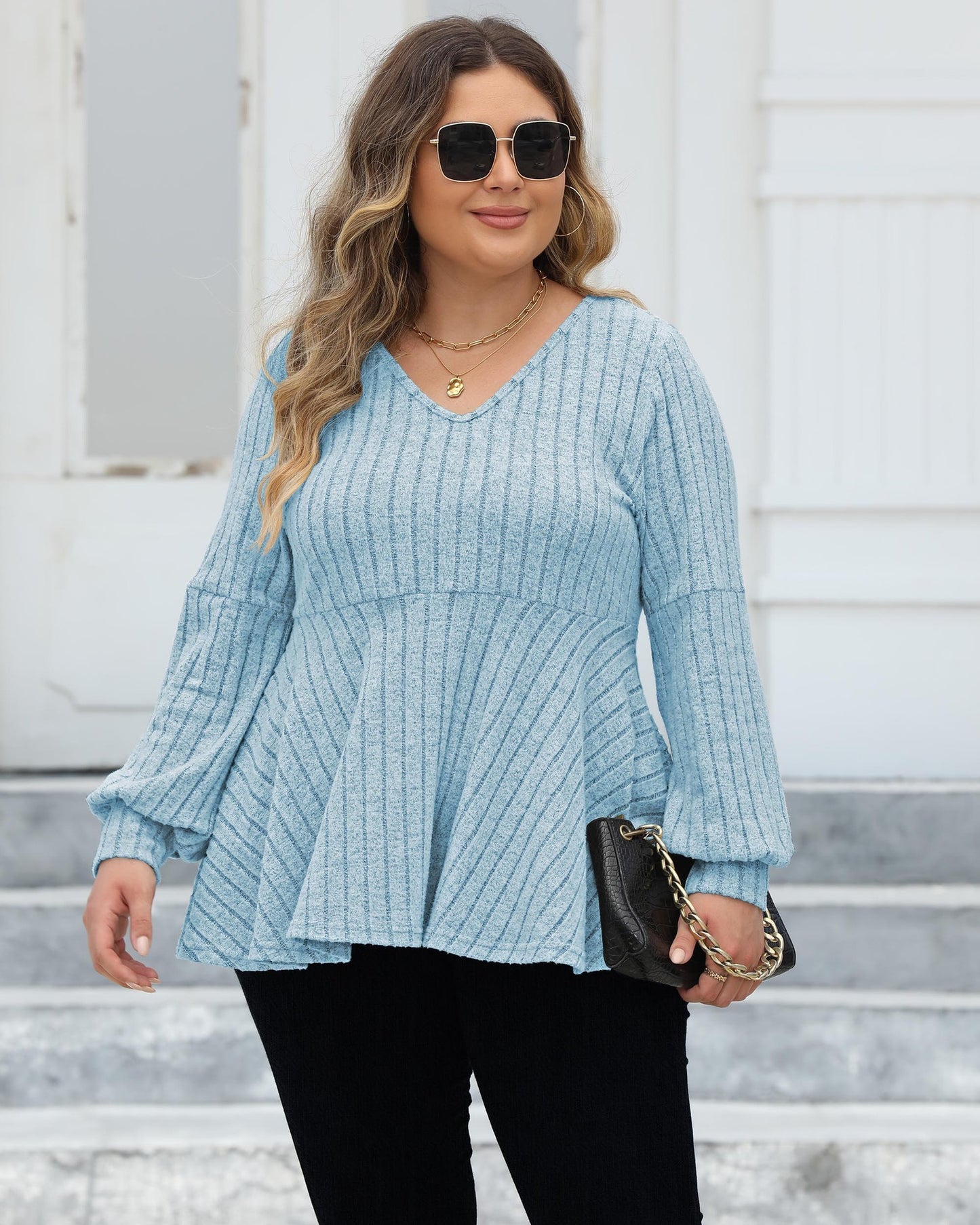Doll Shirt V-neck Hollow Striped Polar Fleece Lantern Sleeve Bottoming Shirt