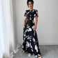 Floral Crew-neck Short-sleeve Waist-cinching Dress