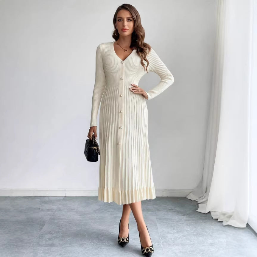 Women's Waist-Cinching Vintage Button Knit Dress