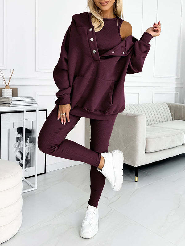 Casual Hooded Sweater Thickened Thread Fitted Vest Pants Three-piece Set