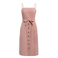 Summer solid color button cotton strap bow A-line dress
