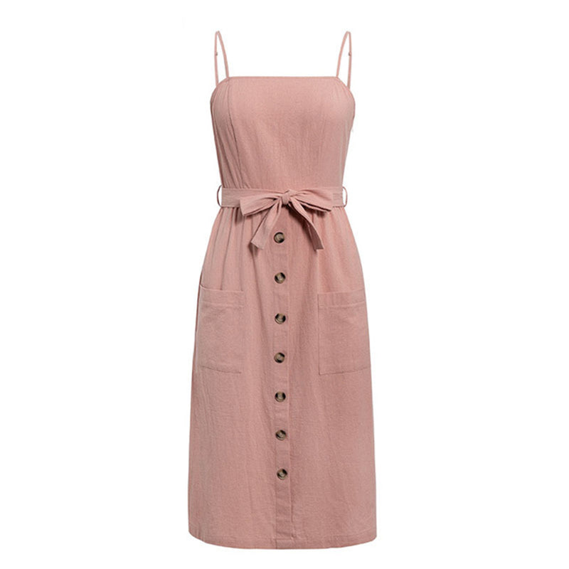 Summer solid color button cotton strap bow A-line dress
