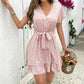 Summer French High Waist Floral Tie-neck V-neck Short Sleeve Dress