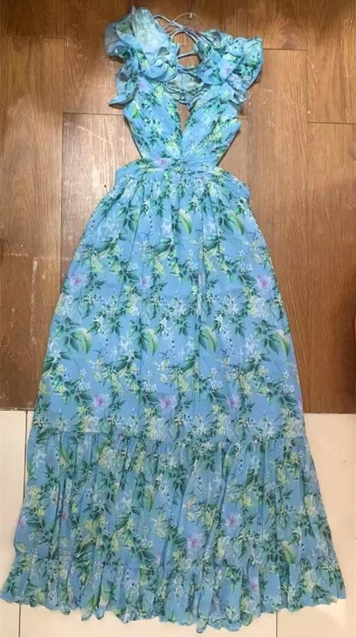 Women's Cut-out Ruffled Sleeveless Waist-controlled Large Hem Dress