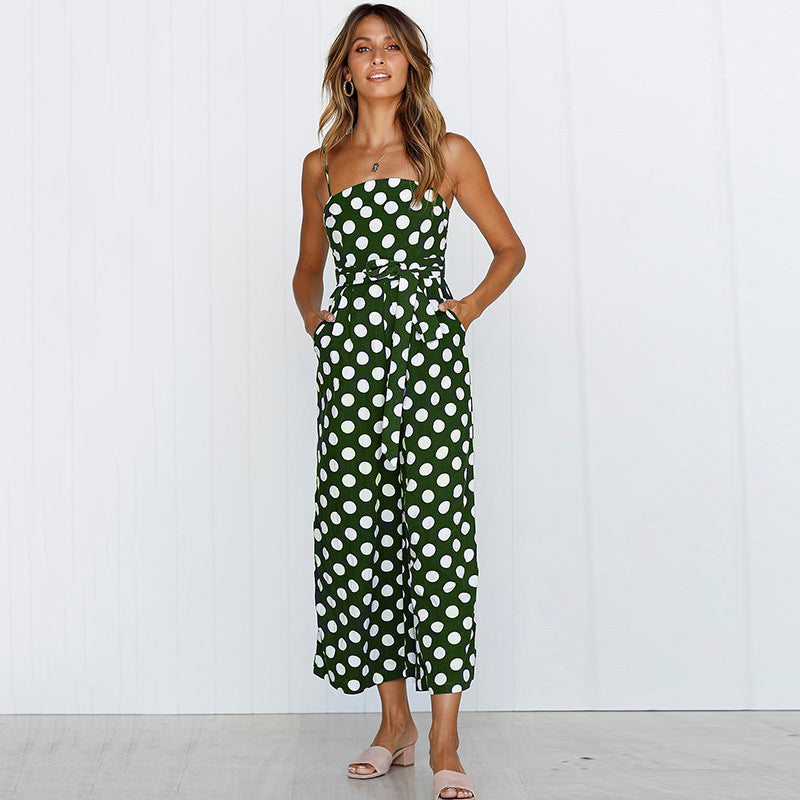 Sleeveless strapless polka dot long jumpsuit