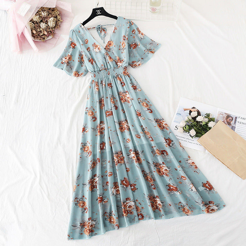 Chiffon Dress Female French Platycodon Floral Long Skirt Waist Was Thinner