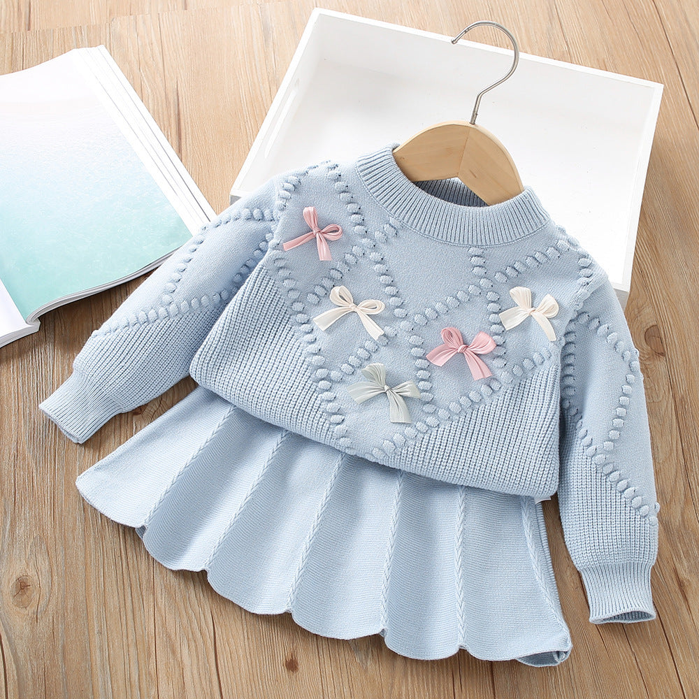 Girls Sweater Suit Autumn Little Girl Flower Long Sleeve Two-piece Skirt