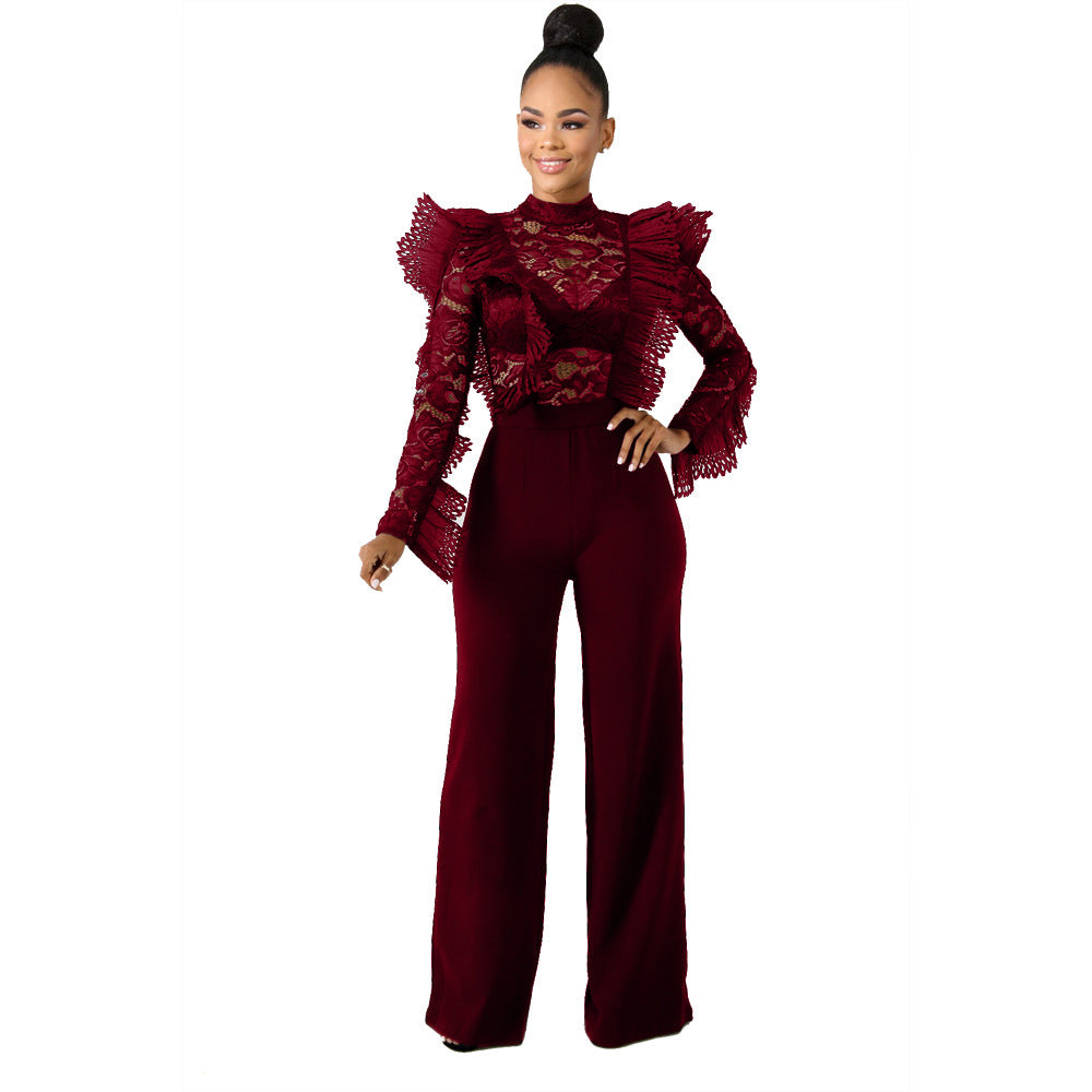 Ruffled lace perspective jumpsuit