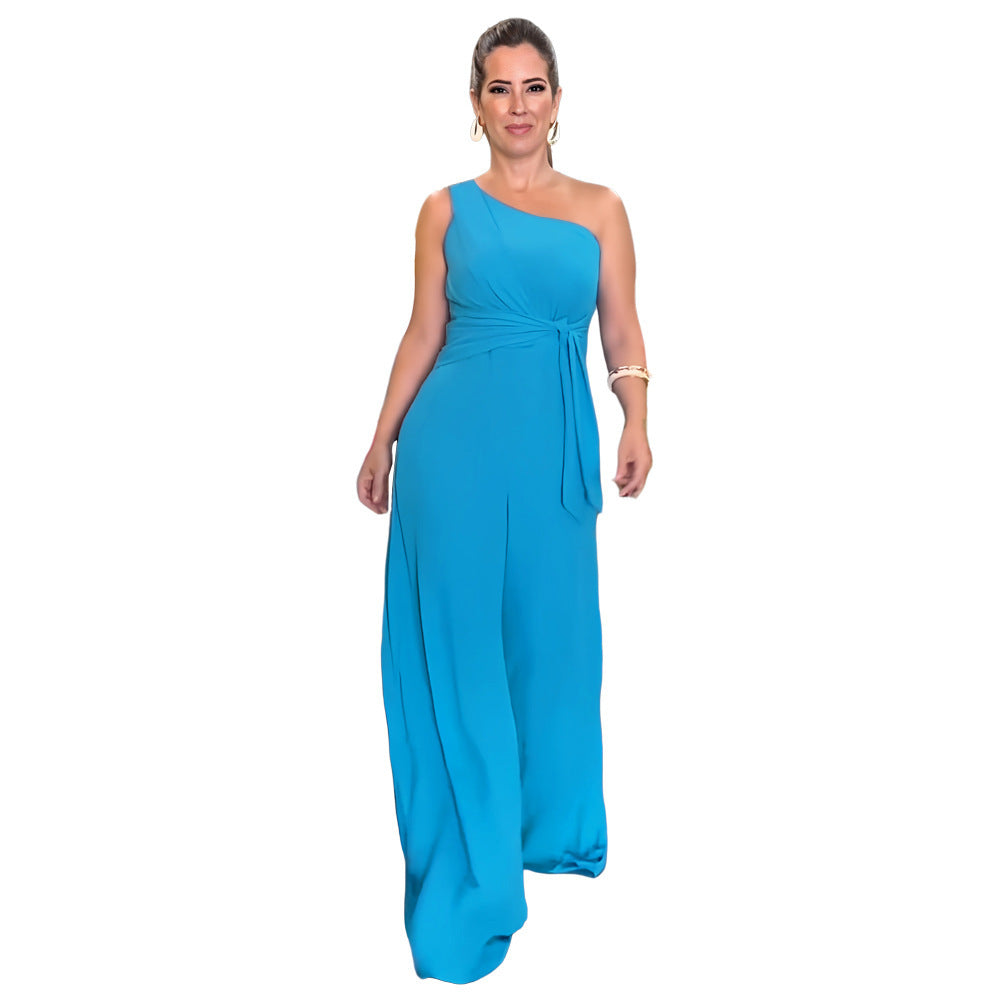 Pantalon évasé à jambe large et taille asymétrique de couleur unie