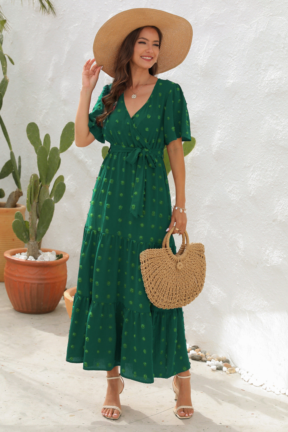 Robe d'été à manches courtes et col en V, design boule de fourrure, taille haute nouée, longue