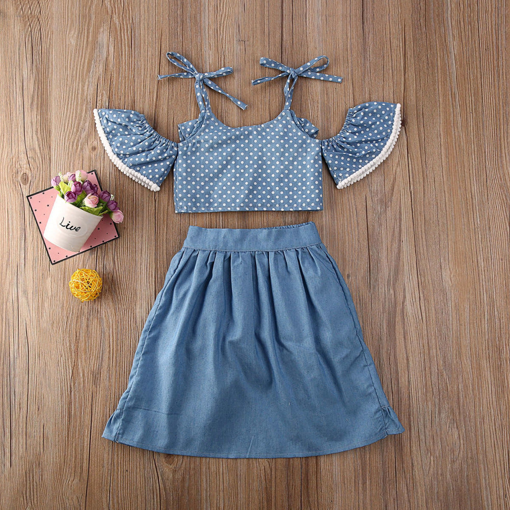 Polka Dot Sling Top Denim Shorts Short Skirt Three-Piece Suit