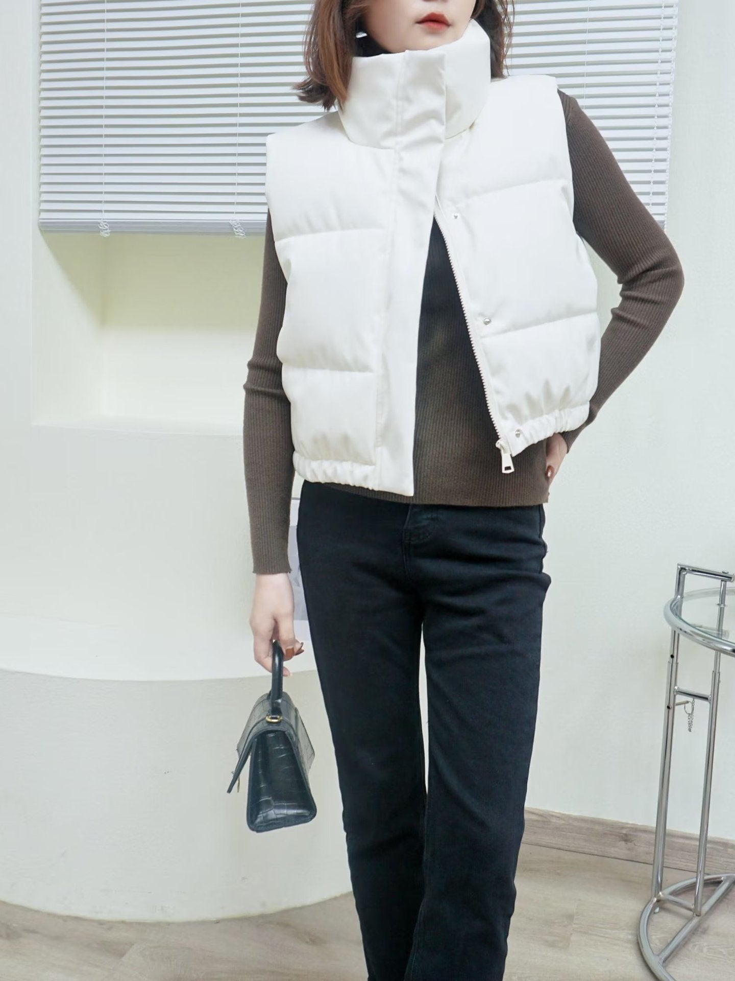 Fashion Mock Leather Vest With Stand Collar