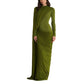Womens Pleated Ribbon Crew-Neck Long-Sleeve Dress