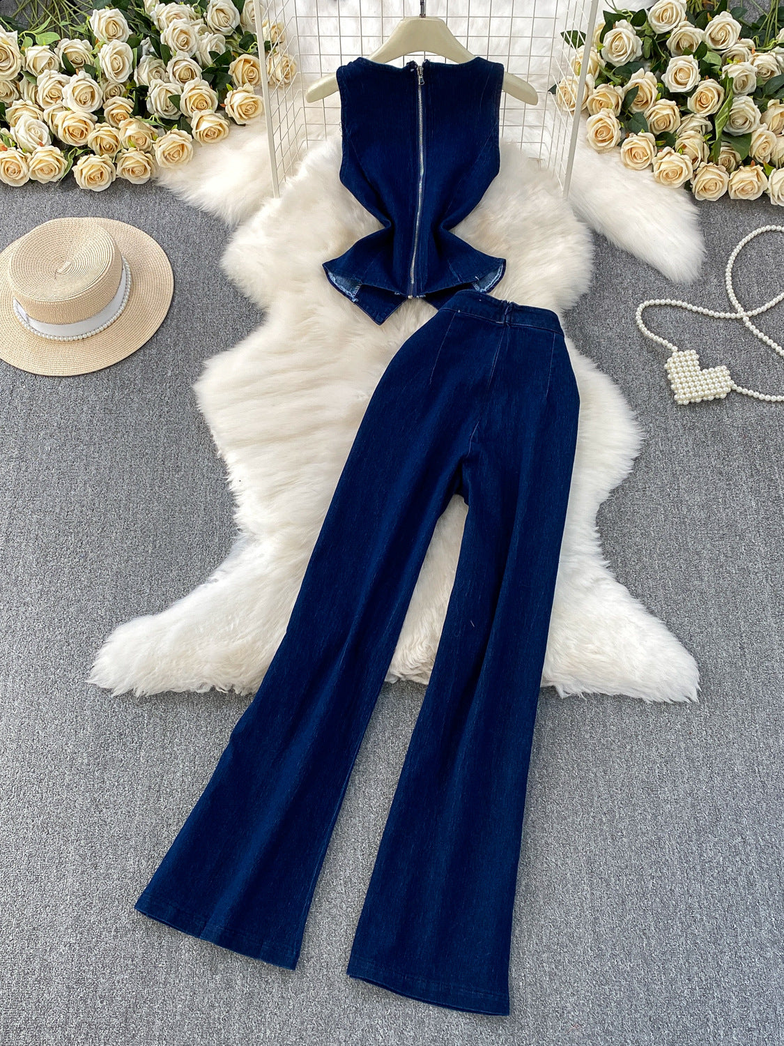 Metal Button Crew Neck Sleeveless Denim Vest High Waisted Wid Leg Pants Set