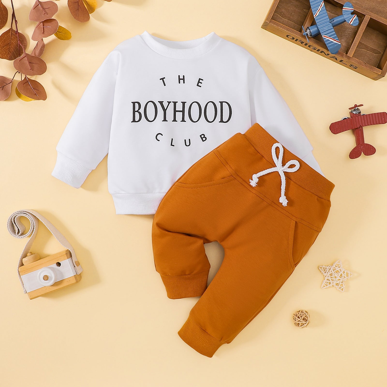 New Letter Floral Print Long Sleeve Pullover Solid Color Trousers Two-piece Set