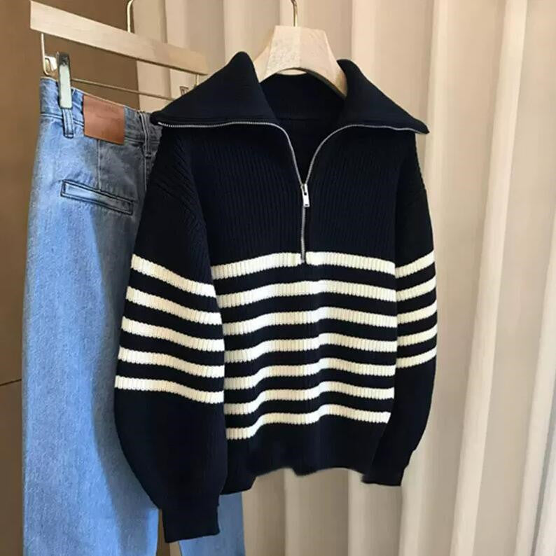 Pull rayé à revers et fermeture éclair semi-ouverte de couleur contrastée