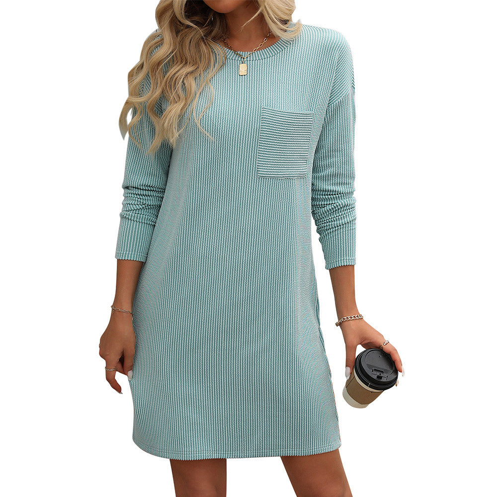 Robe à manches longues et col rond pour femme, couleur unie, rayée, avec poches, coupe droite