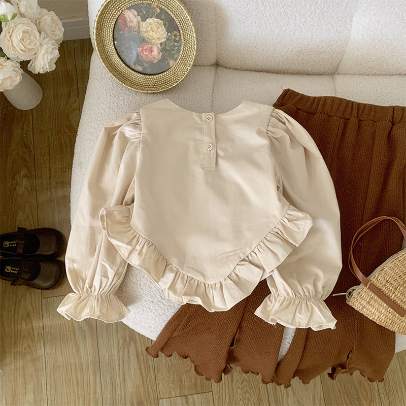 Girls Spring And Autumn Retro Shirt Flared Pants Suit