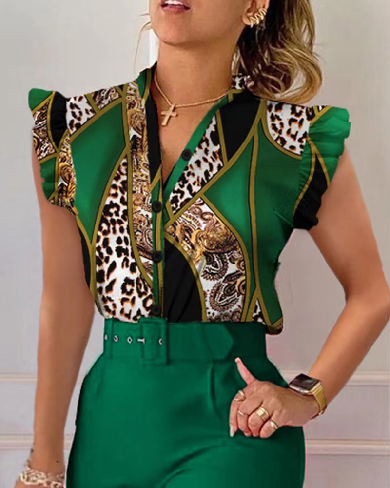 Ensemble haut et pantalon imprimé à manches volantées et ceinture, couleur unie