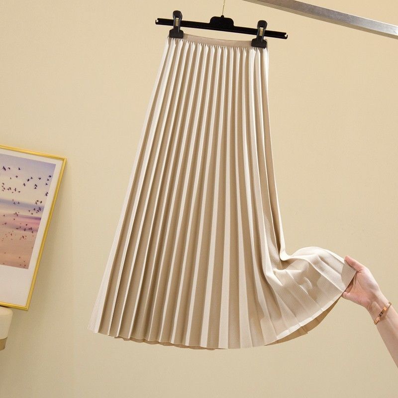 High Waist Pleated Mid-length Slimming A- Line Skirt