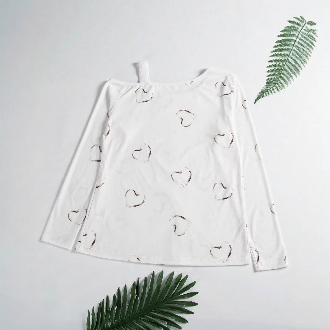Heart Printing Women's Strapless Pullover Long Sleeve T-shirt
