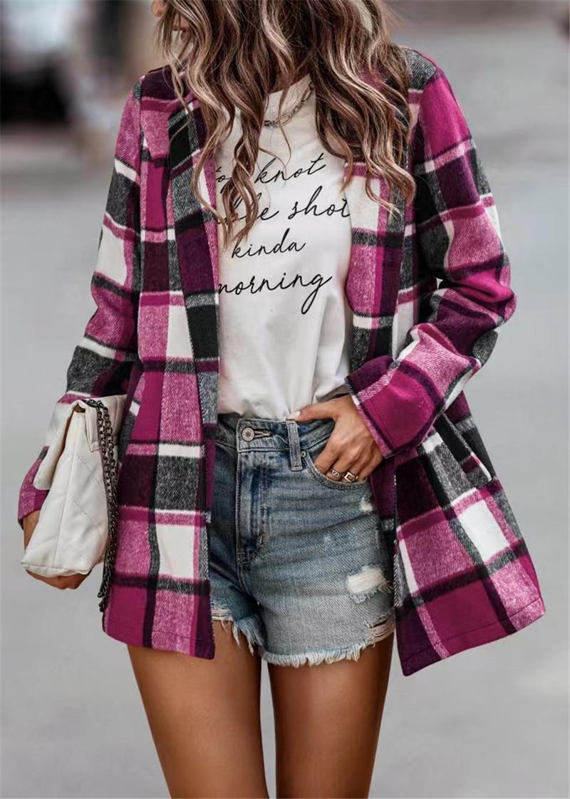 Women's Loose Printed Checks Long Sleeve Pocket Woolen Coat Cardigan Top