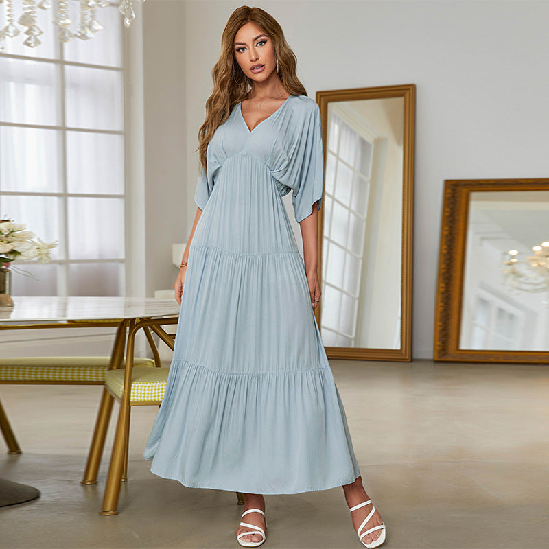 Robe à col en V et manches chauve-souris pour femme