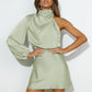 Womens Evening Gown Satin Long Sleeves One-shoulder Dress
