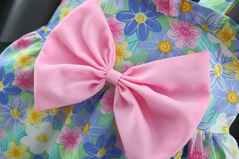 Girls' Printed Big Bow Suspender Dress