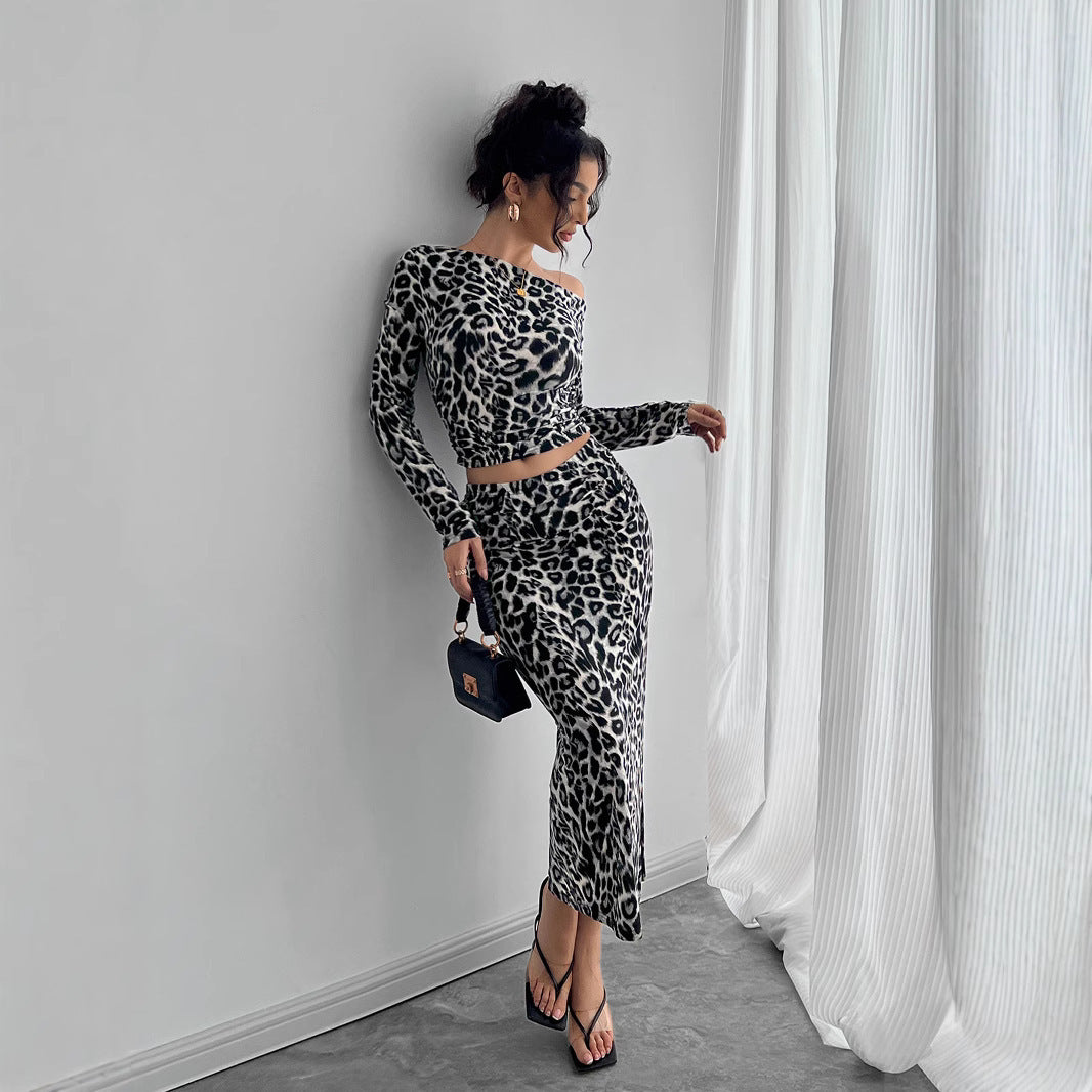 Leopard Print Two-piece Suit With Fitted Maxi Dress Suit