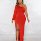 Women's Autumn Oblique Shoulder Lantern Sleeve Solid Color Slim Fit Dress
