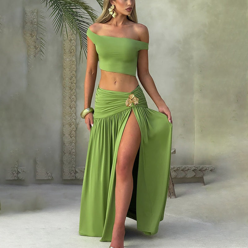 Sexy Navel Diagonal Collar Top Slim Fit Slit Skirt Suit