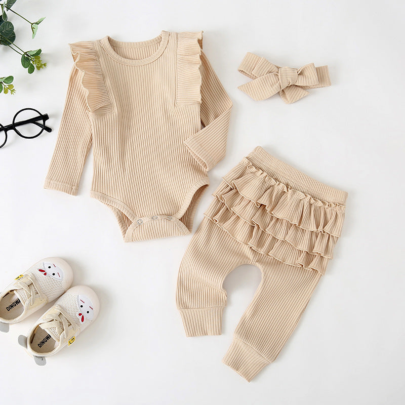 Vêtements d'automne pour enfants, combinaison décontractée à manches longues en dentelle, ensemble trois pièces avec coiffe à nœud