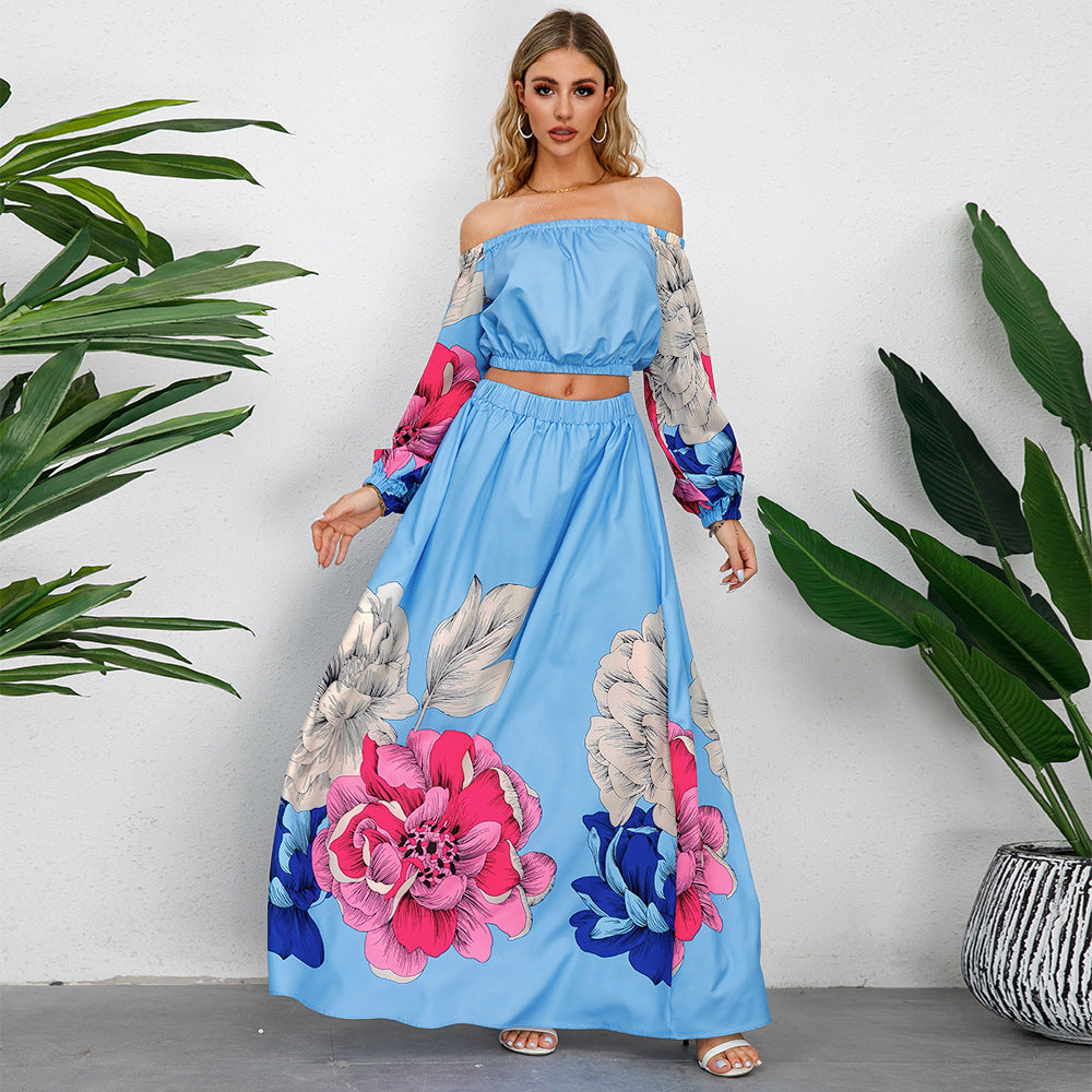 Women's Fashionable Retro Long-sleeved Top Wide Hem Printed Long Skirt Suit