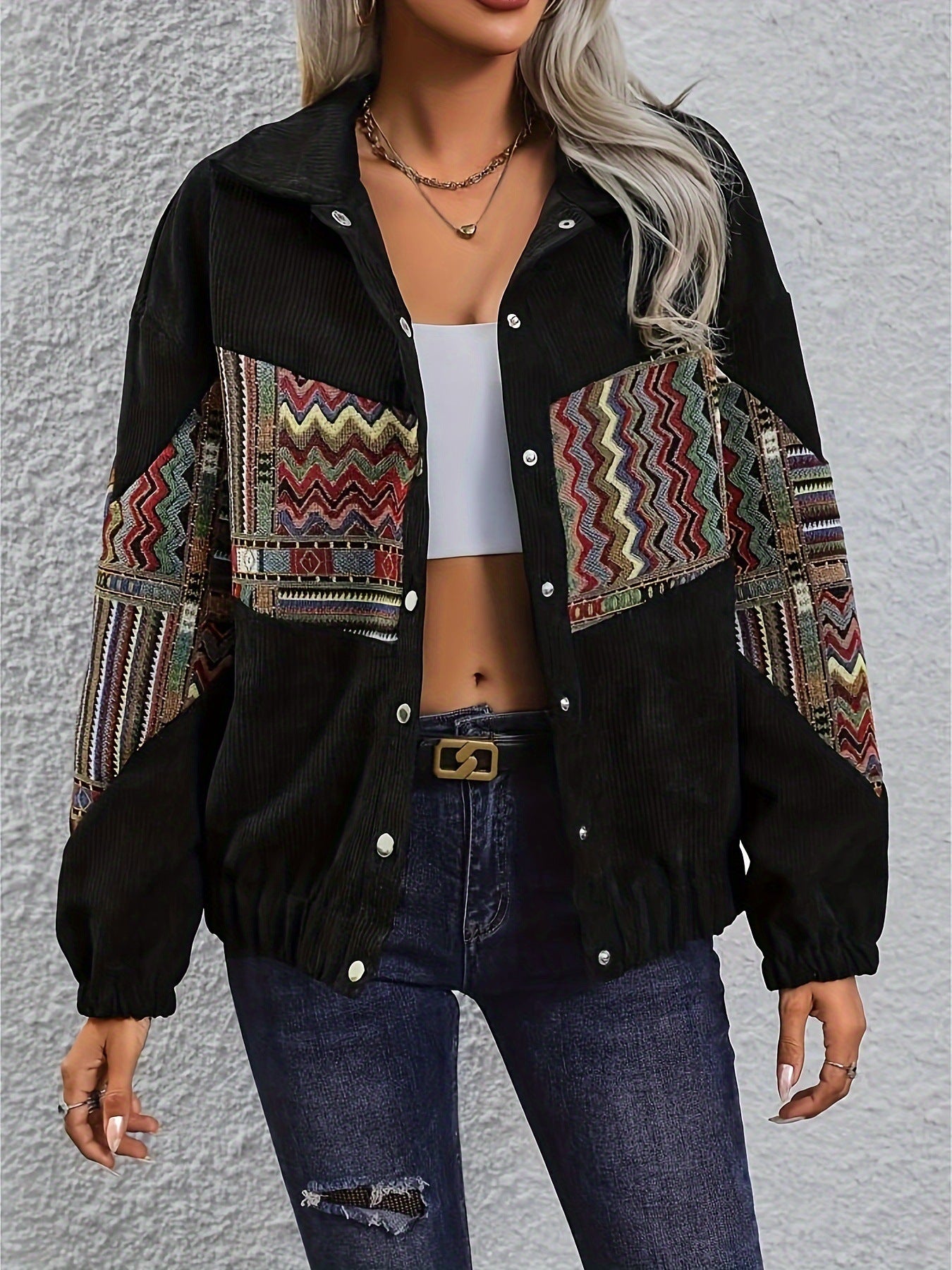 National Style Color Stitching Turnover Neck Cardigan Casual Top