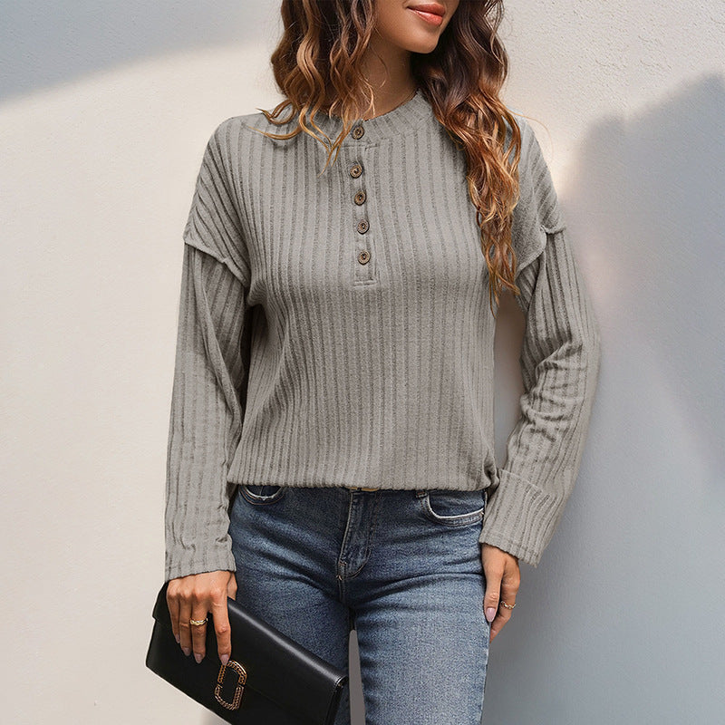 Button Round Neck Brushed Sunken Stripe Simple Casual All-match T-shirt