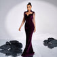 Robe queue de poisson à manches longues et col carré, avec paillettes et strass
