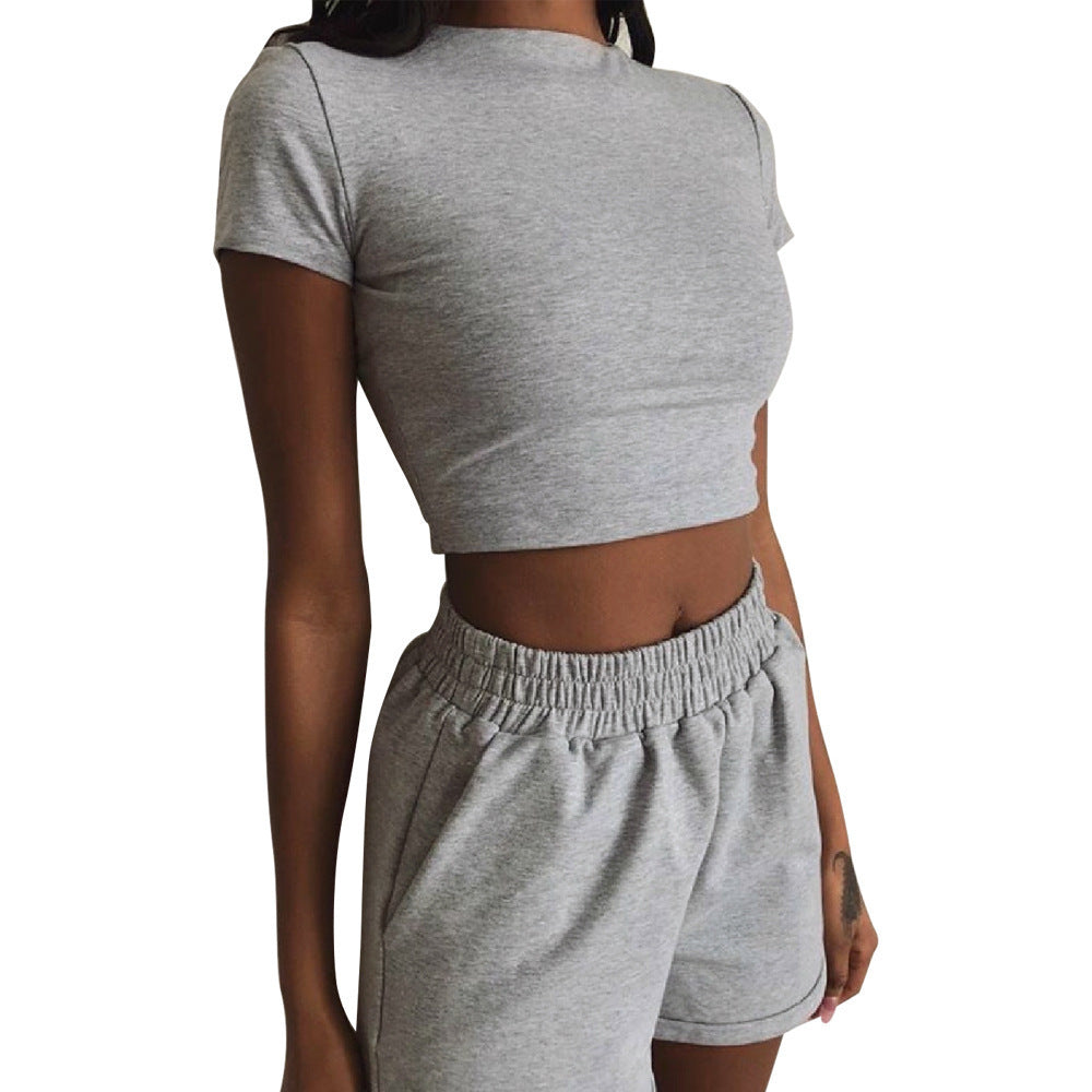 Casual Short Sleeve High Waist Crop Shorts Fashion Set