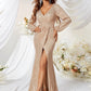 Sequined V-neck Long Sleeve High Slit Slim Fishtail Prom Evening Dress
