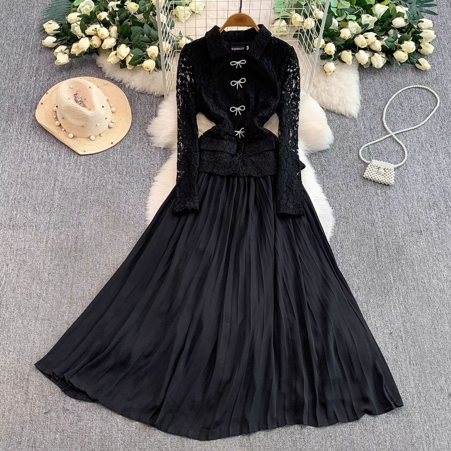 French Chic Lace-Patchwork Notch-Neckline Formal Dress