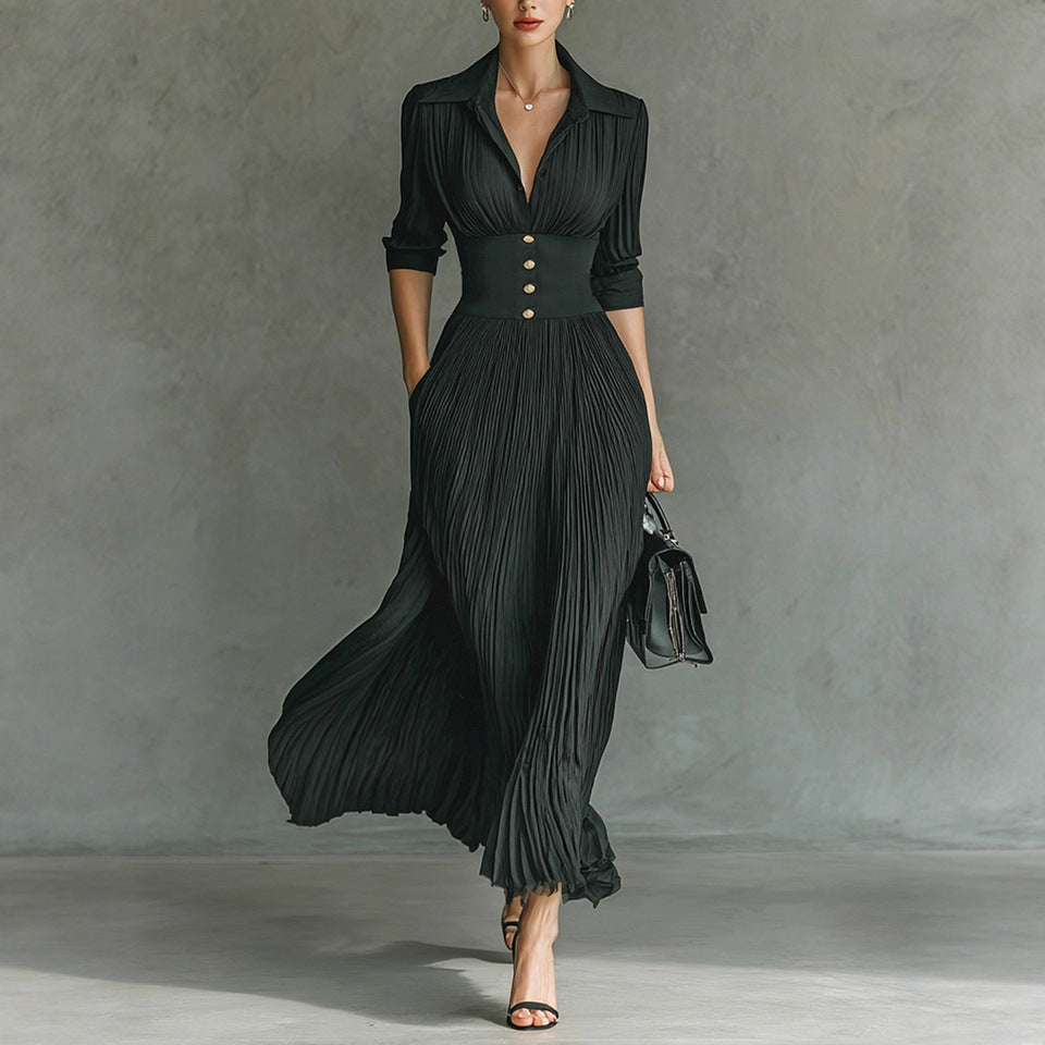 Solid Color Pleated Waist Tight Elegant Dress For Women