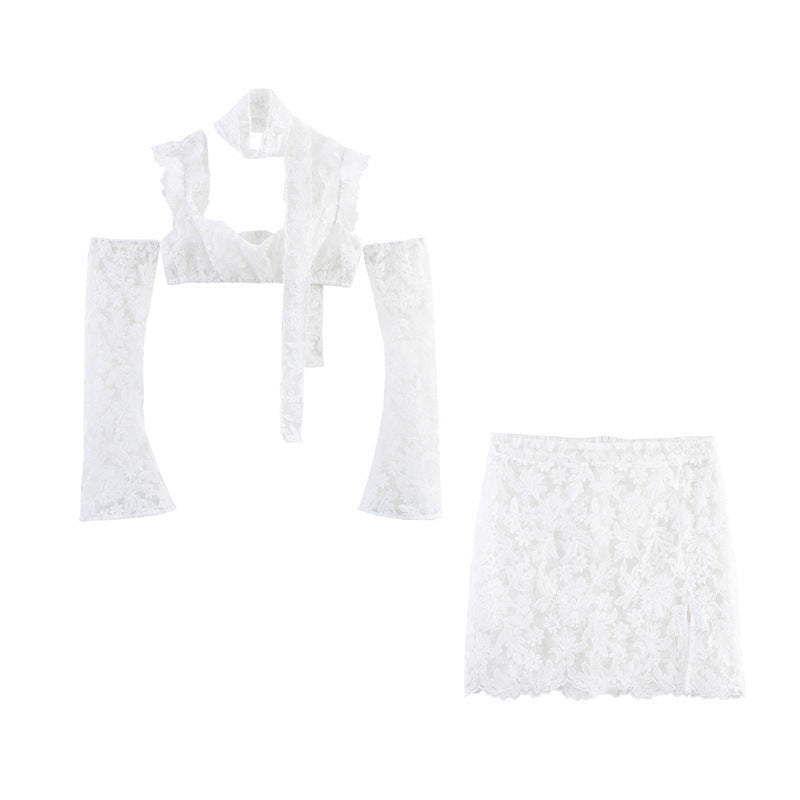 Lace Flower Little Suspenders Split Skirt Two-piece Suit