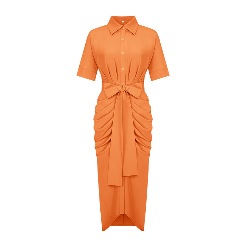 Robe pour femme, nouvelle robe élégante à col polo, mi-longue, manches courtes, simple boutonnage, taille haute