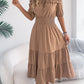 Casual Off-shoulder Ruffled Short-sleeve Belted Waistline Maxi Dress