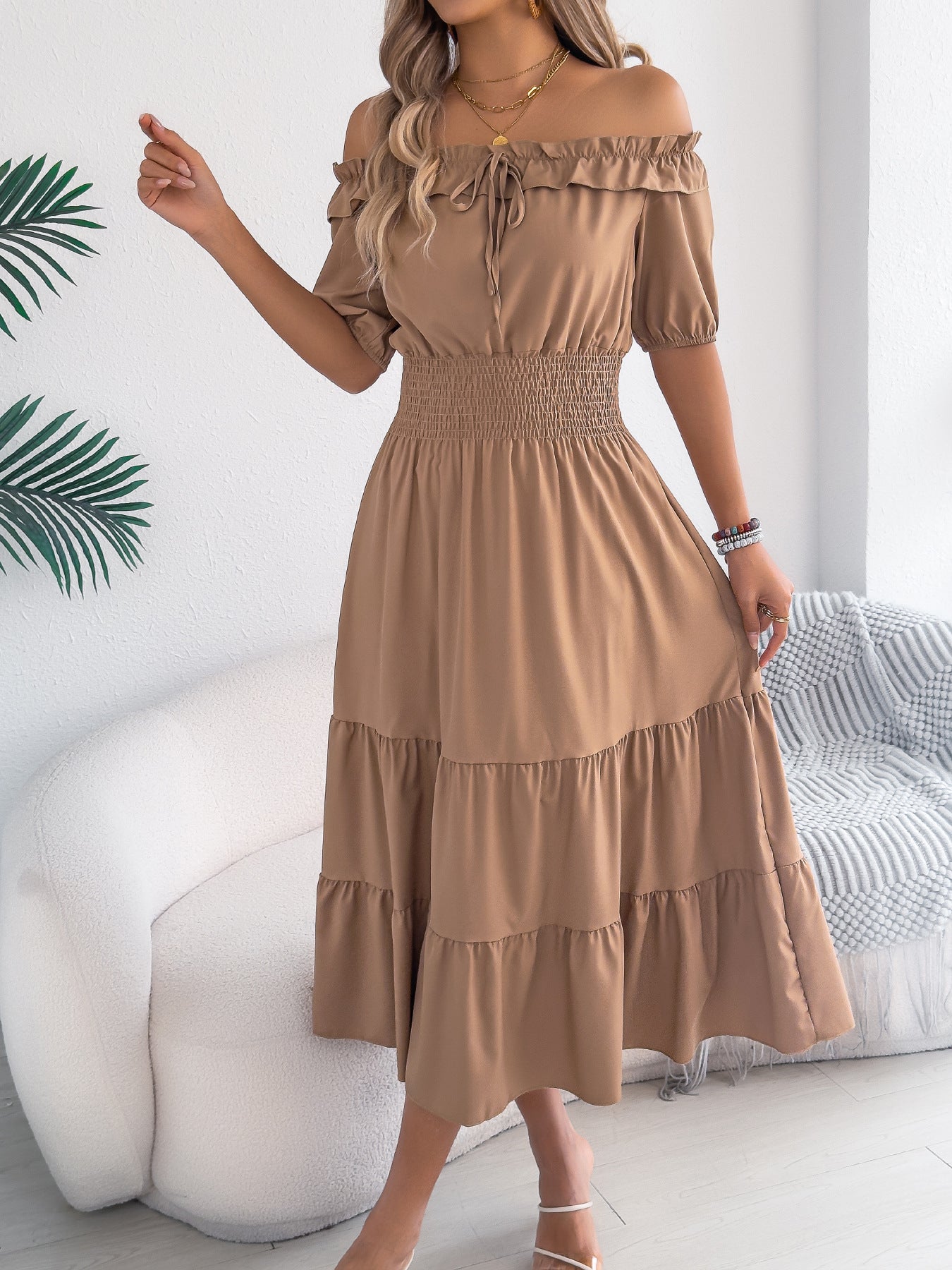 Casual Off-shoulder Ruffled Short-sleeve Belted Waistline Maxi Dress