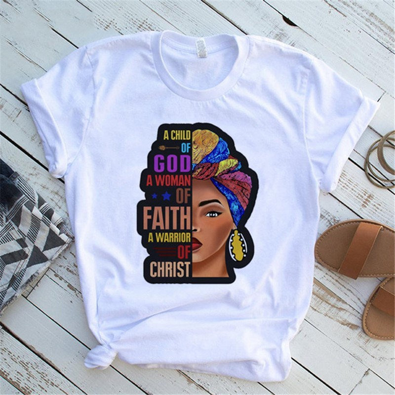 Cartoon African girl print ladies short sleeve T-shirt