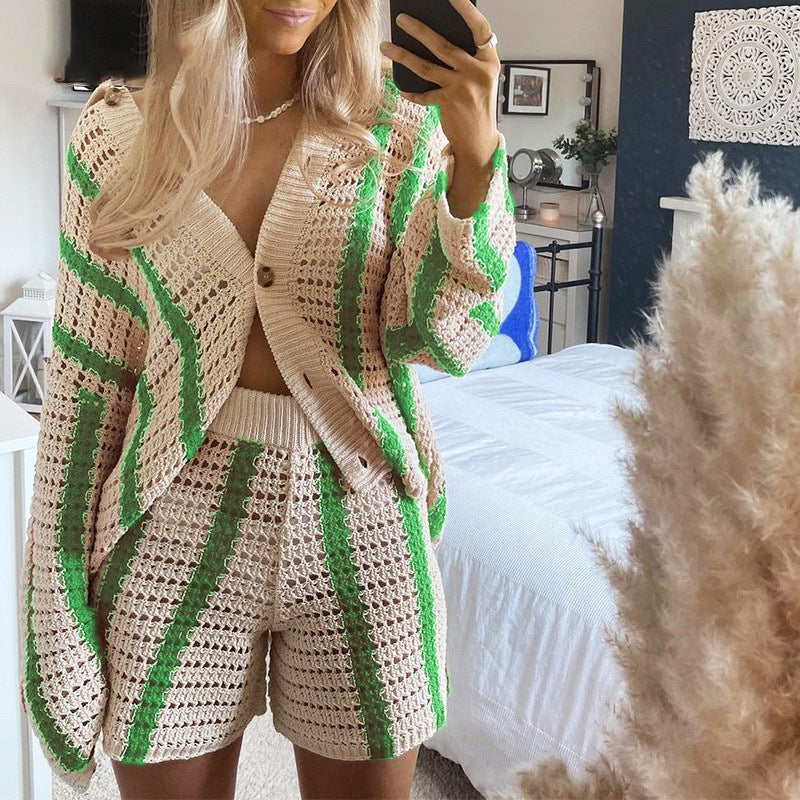 Autumn Casual Striped Openwork Knitted Cardigan Women's Jacket